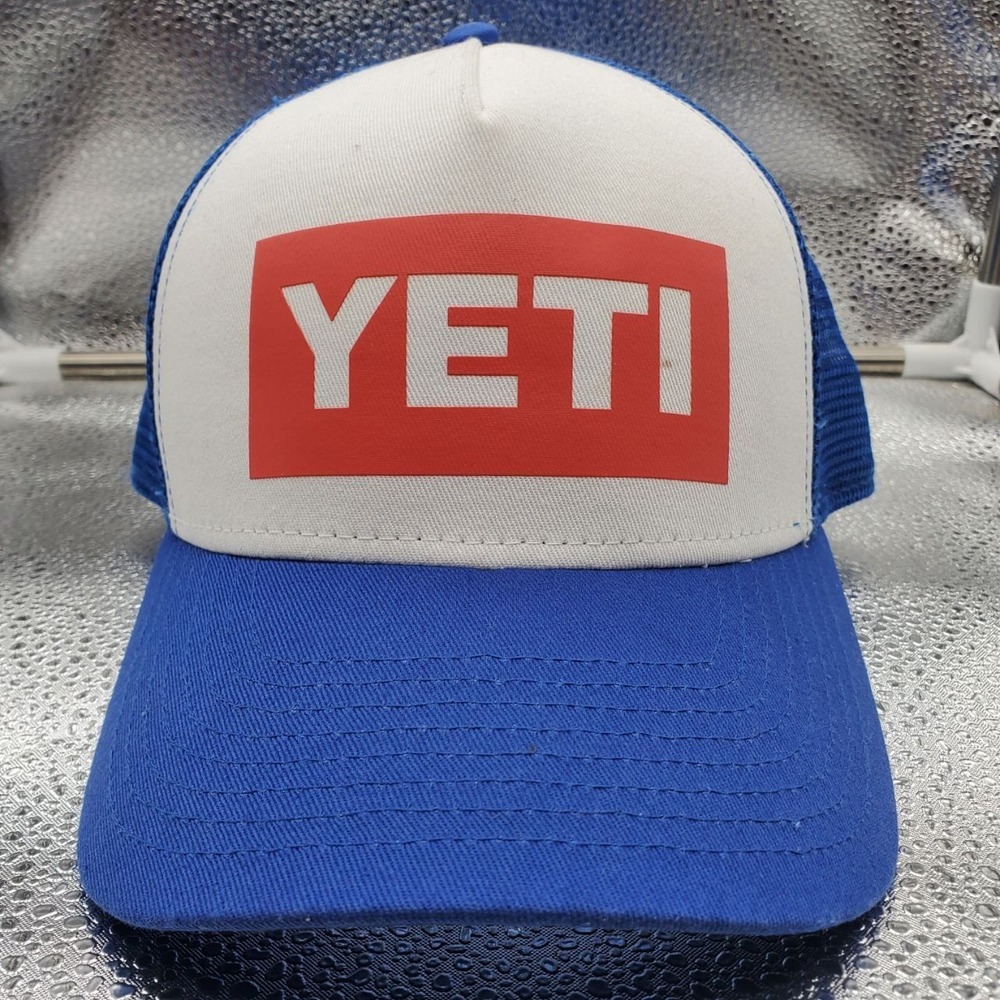 YETI Trucker Hat Mens OSFA Blue White Red Logo‎ Mesh Snapback Cap
